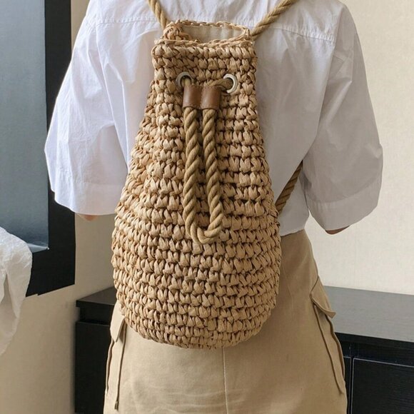 Khaki Casual Women's Foldable Bucket Drawstring Backpack Outdoor - Picture 5 of 11